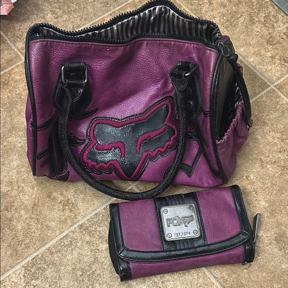Purple and Black Women's Fox Bag and Wallet Set